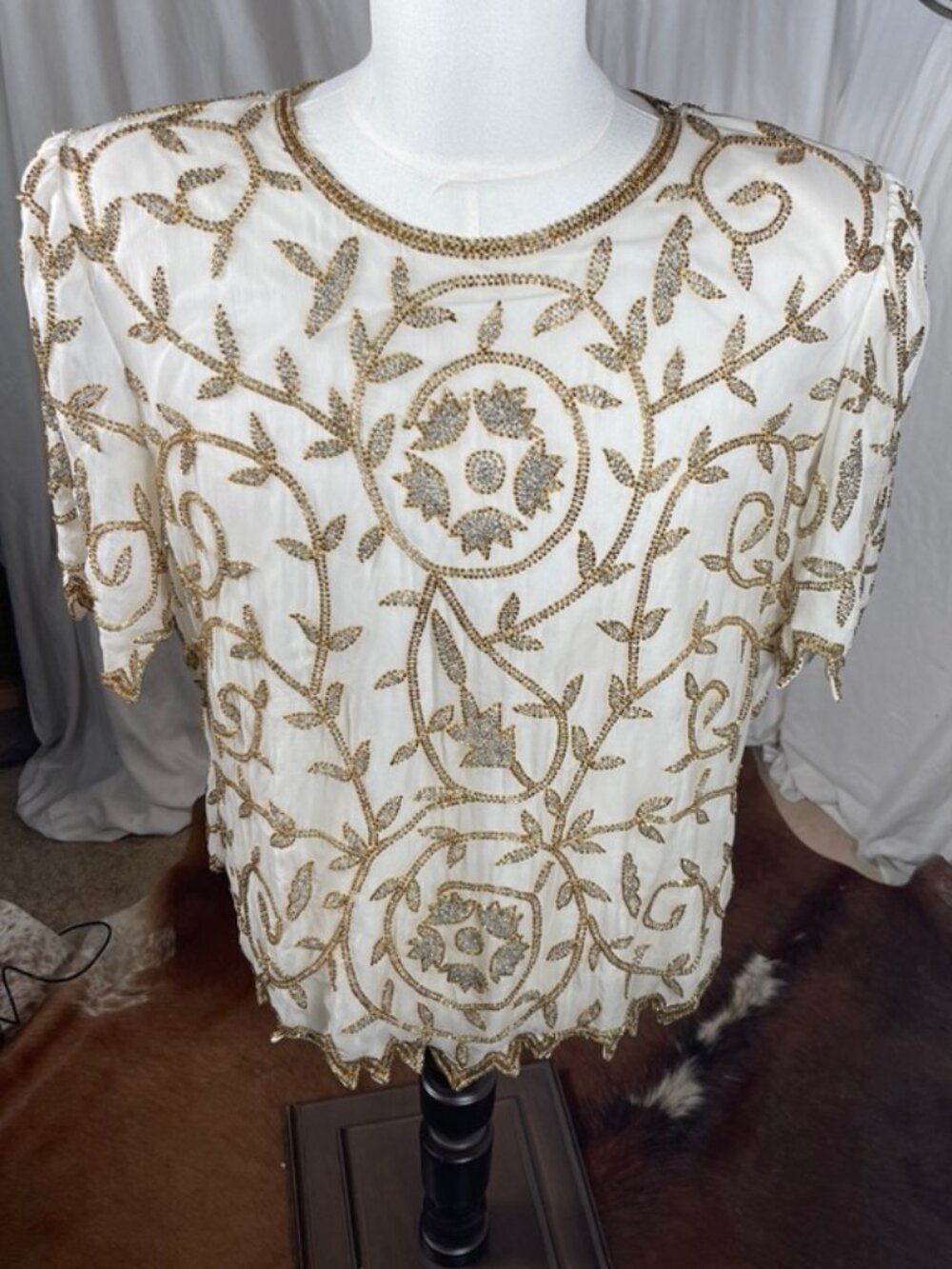 90s Laurence Kazar NY Womens Top 2X Glam Silk Beaded Formal Gold Silver